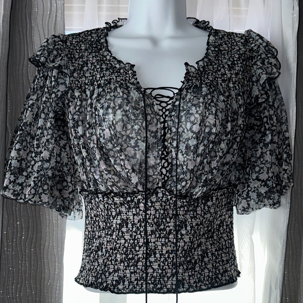 FP Movement by Free People Sheer Black and White Floral Blouse